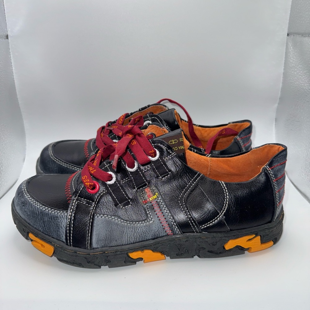 Black Leather Casual Lace-Up Sneakers with Red Accents